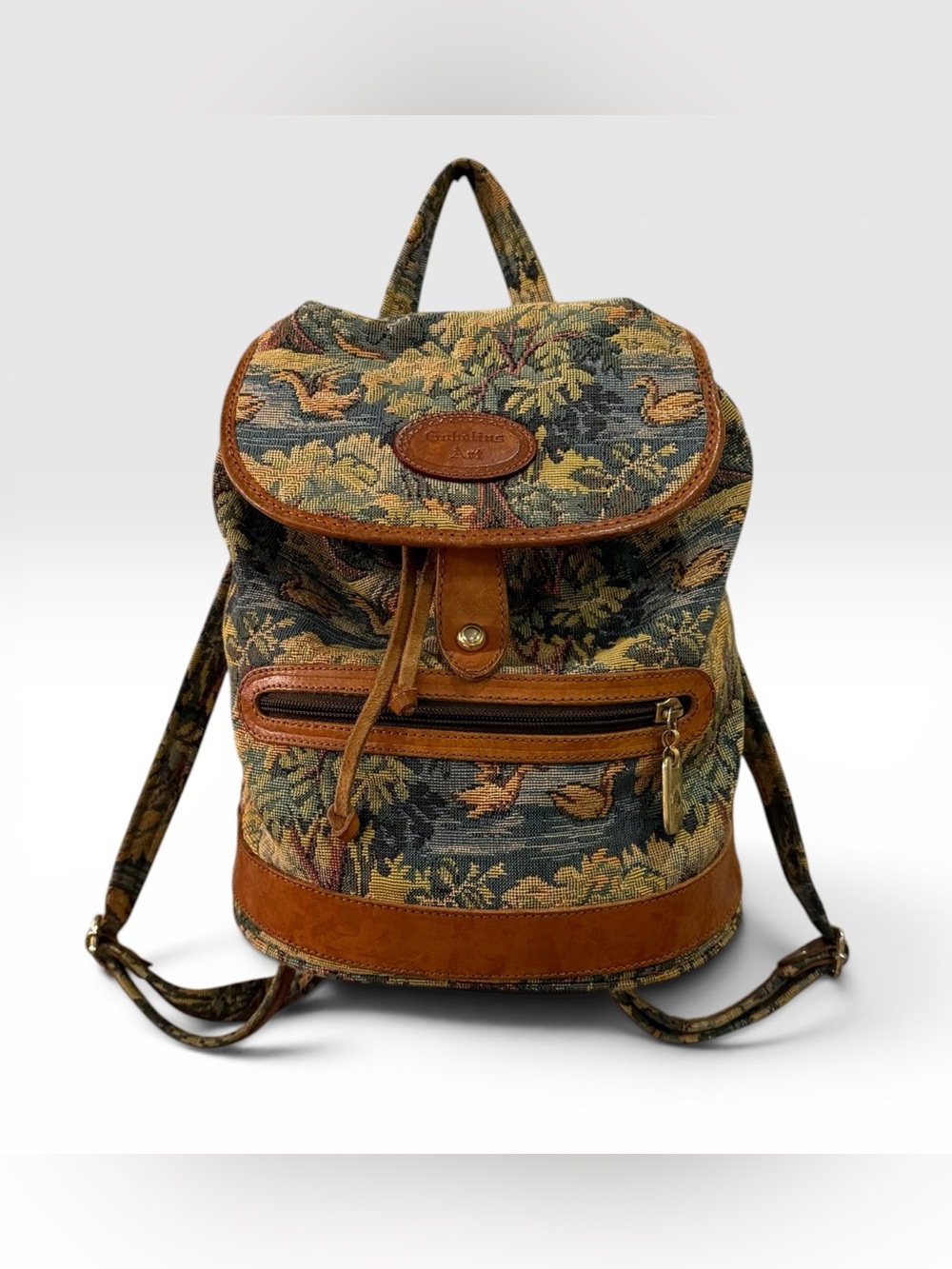 Vintage Gobelins Art tapestry & Leather Backpack Purse Cottagecore Festival